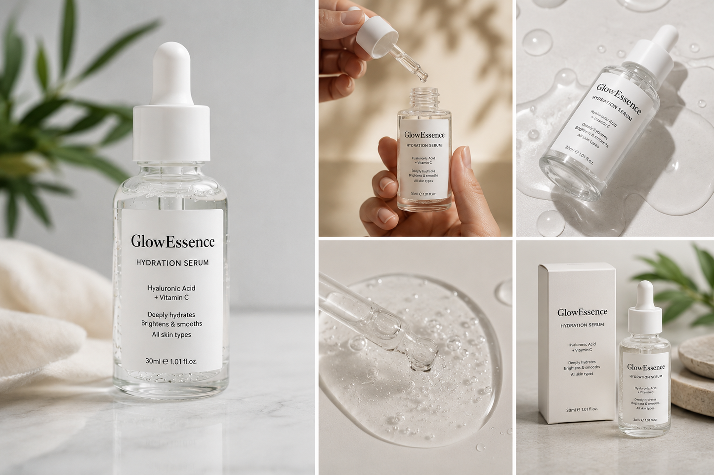 GlowEssence Hydration Serum 30ml flesje met druppelaar op witte achtergrond