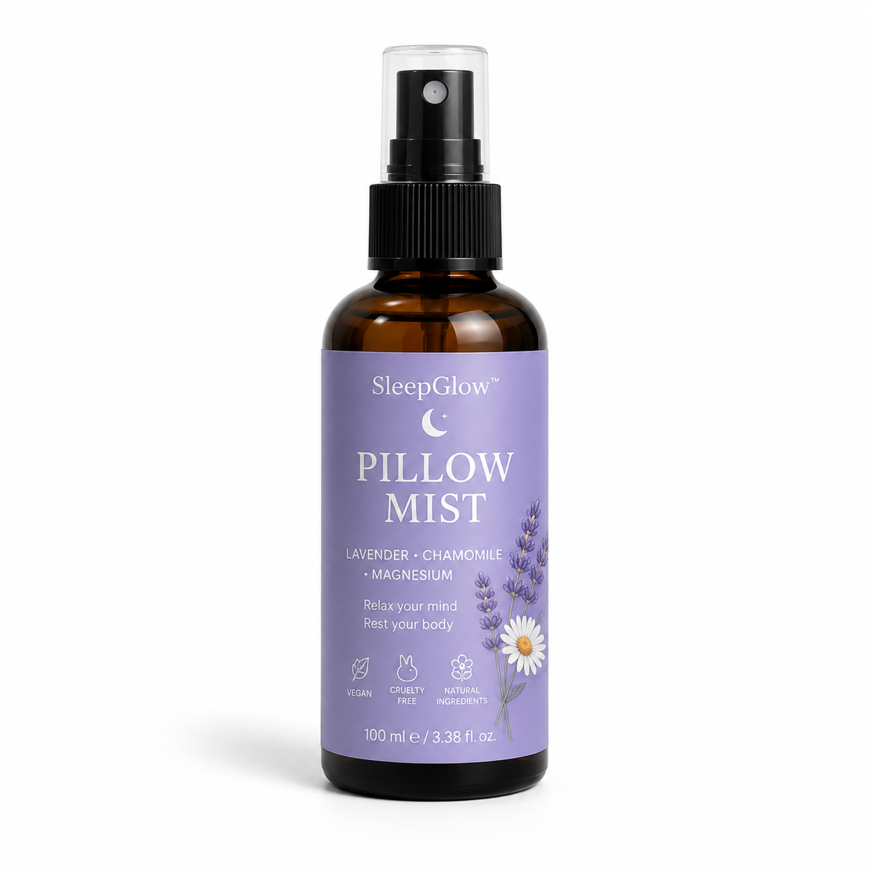 SleepGlow™ Pillow Mist rustgevende kussenspray met lavendel, kamille en magnesium in amberkleurige sprayfles, dit op witte achtergrond.