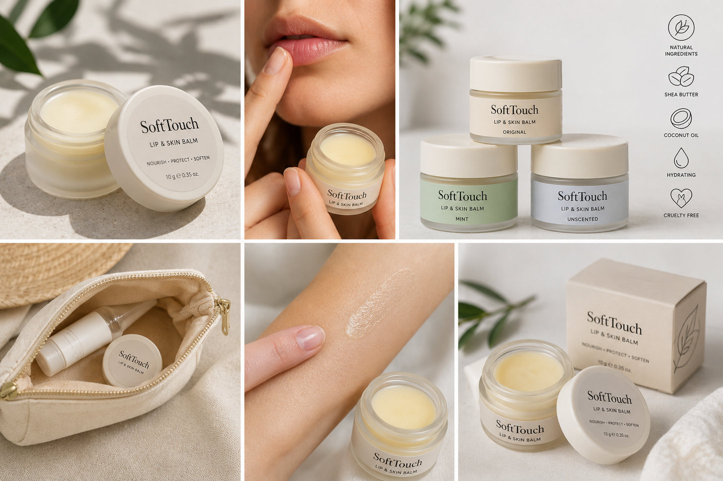 SoftTouch Lip & Skin Balm in drie varianten Original, Mint en Unscented naast elkaar op neutrale achtergrond
